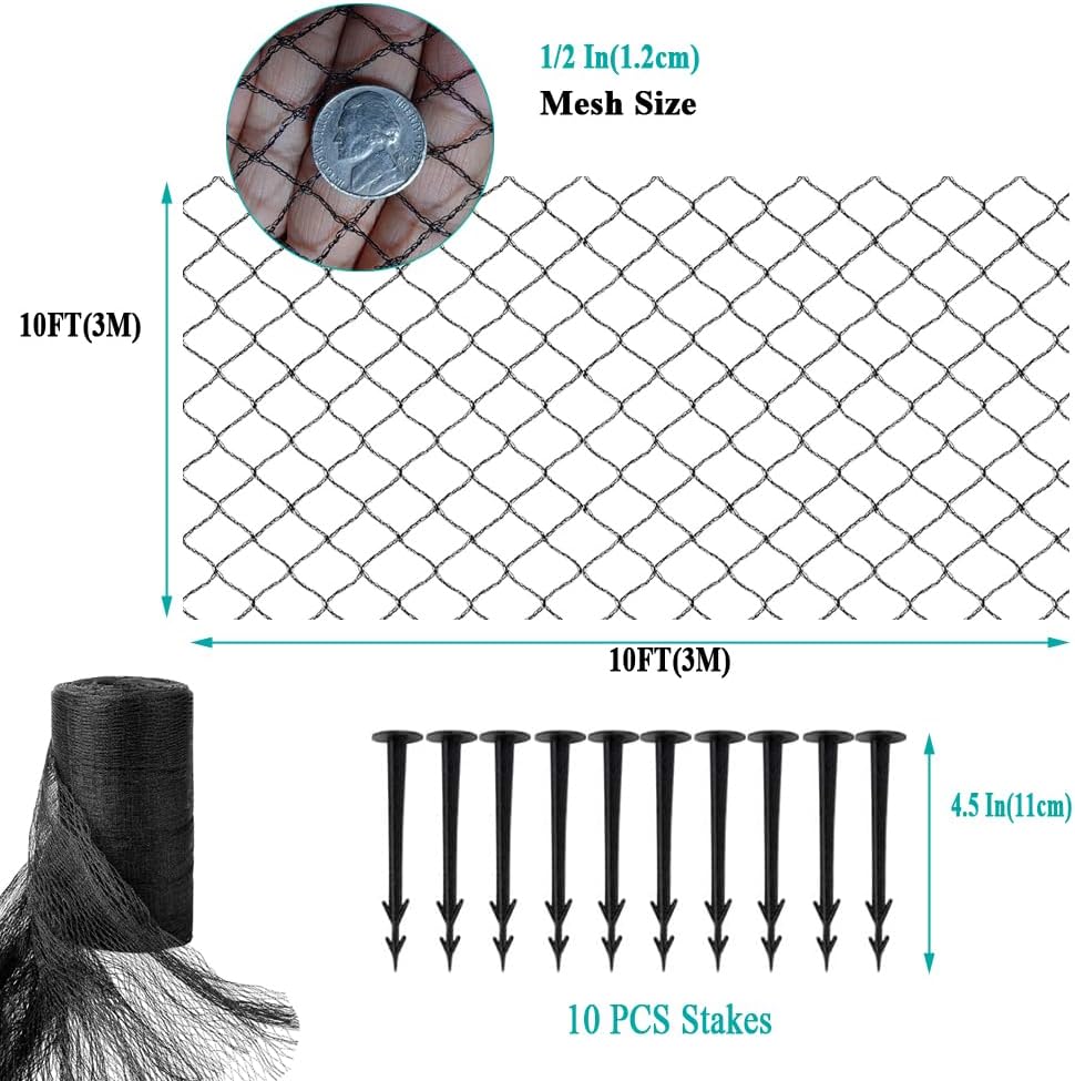 Koi Pond Netting for Leaves 10x10 Ft, 1/2 in Strong Woven Fine Mesh Pond Leaf Net Cover, Protecting Koi Fish from Herons, Raccoons, Birds, Cats & Predators, 10 Pcs Stakes Included