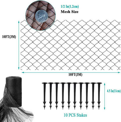 Koi Pond Netting for Leaves 10x10 Ft, 1/2 in Strong Woven Fine Mesh Pond Leaf Net Cover, Protecting Koi Fish from Herons, Raccoons, Birds, Cats & Predators, 10 Pcs Stakes Included