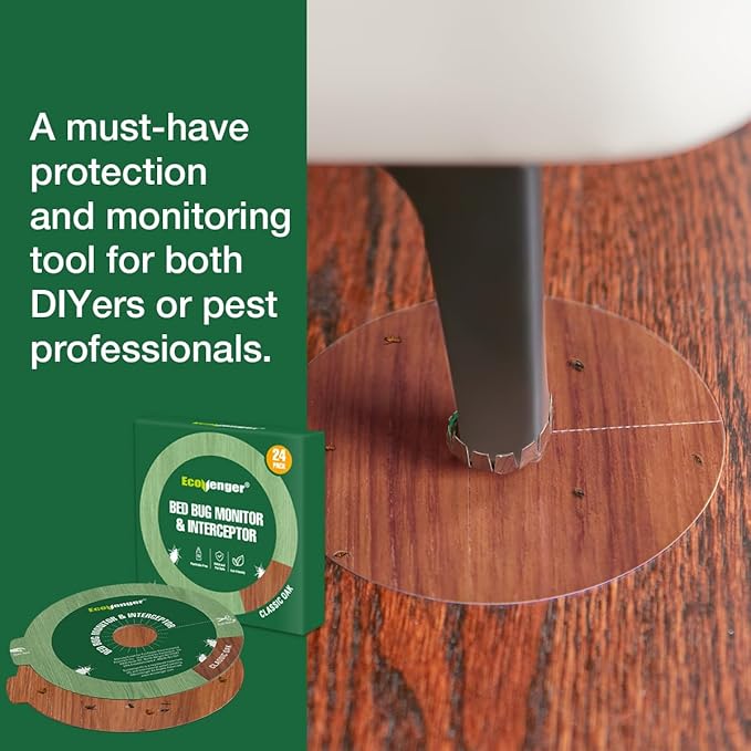 EcoVenger Bed Bug Monitor & Interceptor Super Glue Traps 48 Ct, Discreet Floor Color Classic Oak, Blocks Bed Bugs' Access to Beds/Futon/Couch, for Hard Floor, New Upgraded Version Easier to Peel & Use