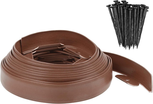 Garden Edging - 20 Feet Plastic Landscaping Edging Border with 18 PCS Spikes Apply to Flower Beds/Grass Lawn/Yard (20FT x 1.57IN, Dark Brown)
