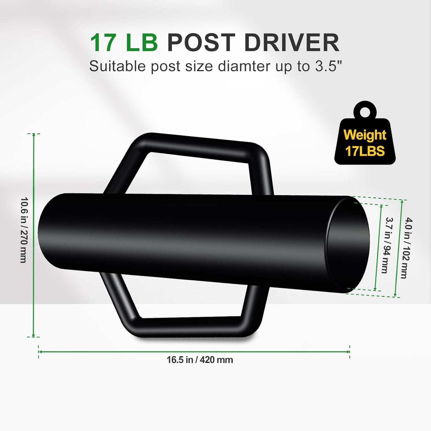 Fence Post Driver with Handle,17LB Hand Post Pounder,3.7 inches Inner Dia. Pole Rammer, Farm Wire Fencing for T Post, U-Channel Sign and Wooden Post, Black