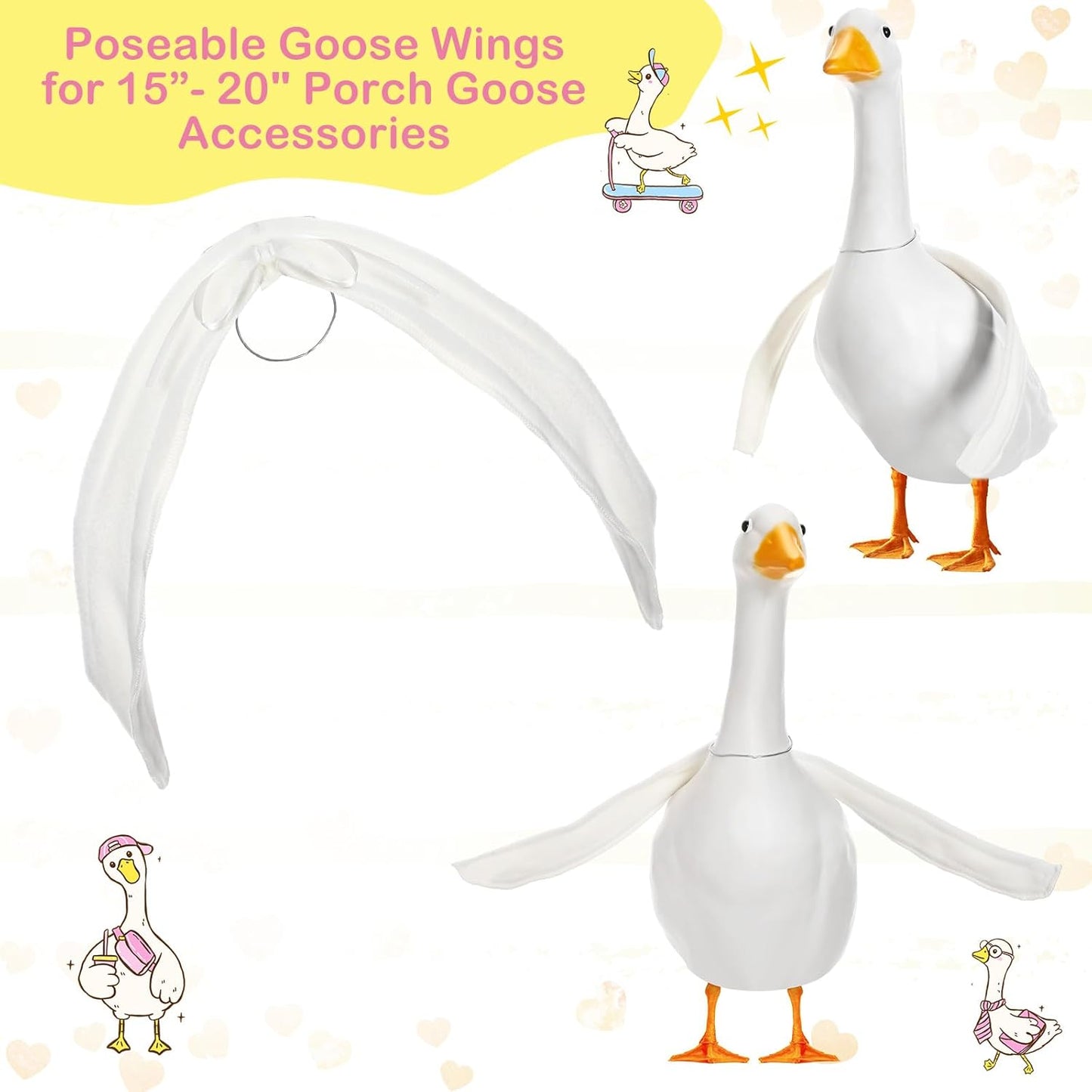 2 Pcs Poseable Goose Wings for 15”- 20" Porch Lawn Goose Outfit Accessories Poseable White Wings for Outdoor Patio Yard Lawn Art Decoration (Flat Edge)