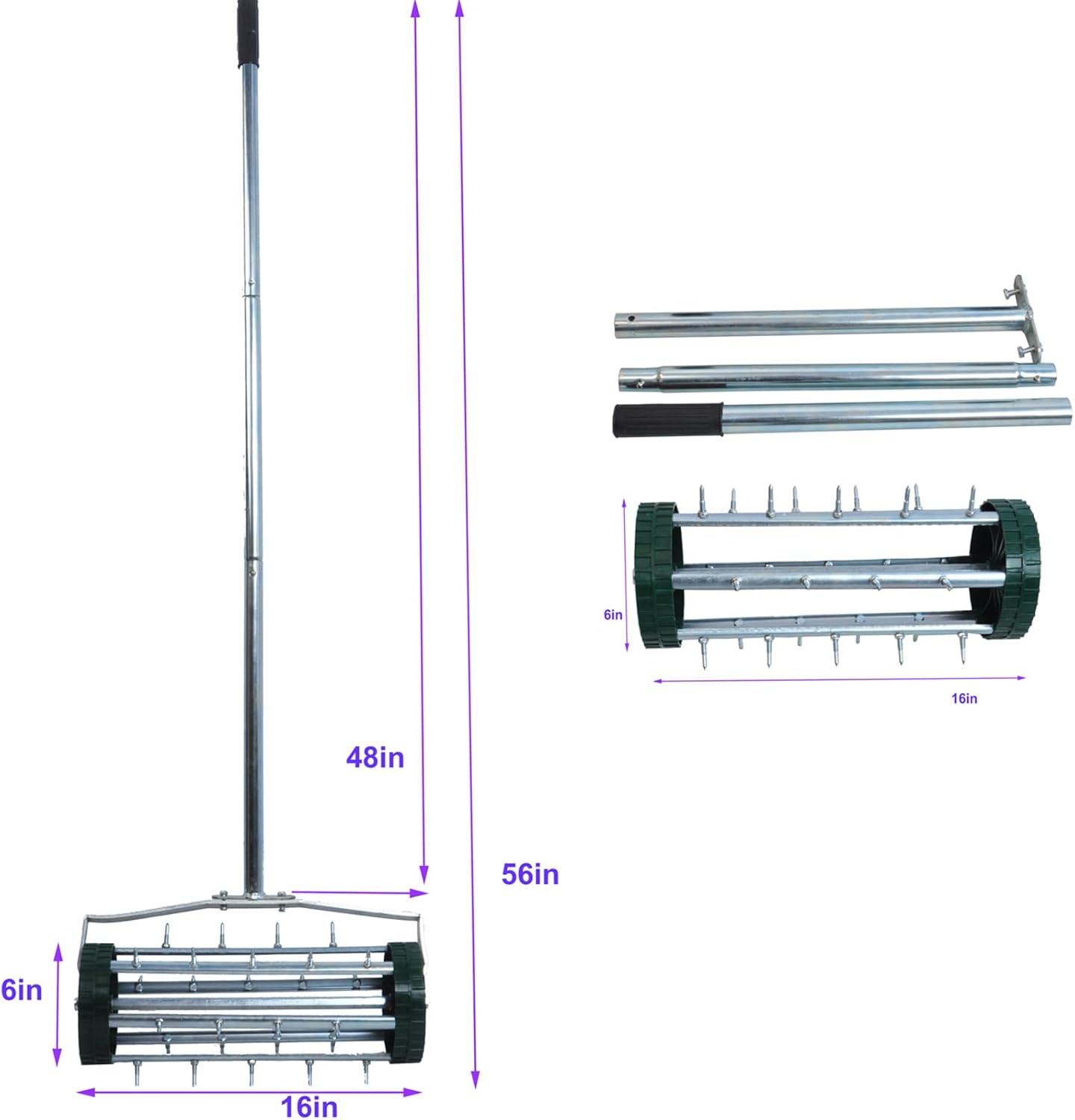 16-Inch Heavy Duty Rolling Lawn Aerator With Sharp Spikes & Anti-Slip Handle - Push Aerator for Garden, Yard - Manual Tool