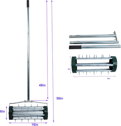16-Inch Heavy Duty Rolling Lawn Aerator With Sharp Spikes & Anti-Slip Handle - Push Aerator for Garden, Yard - Manual Tool