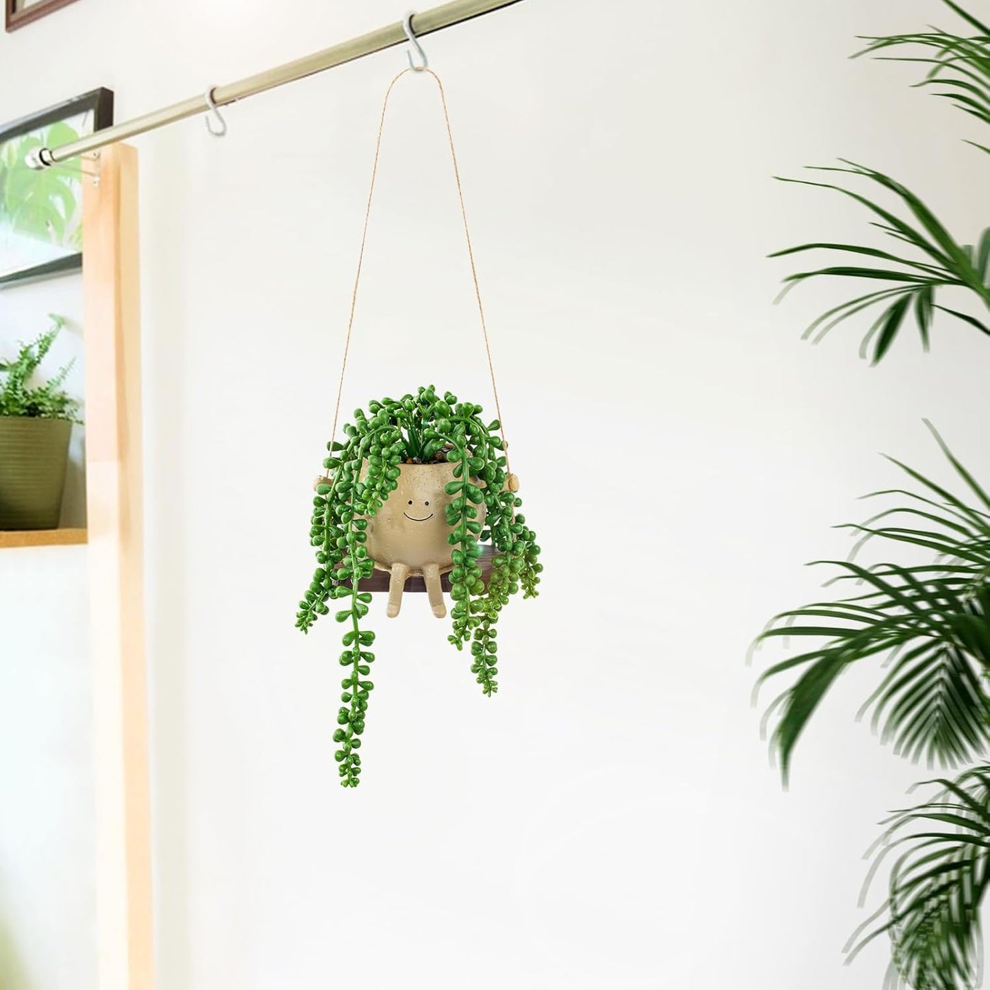 Artificial Succulents Hanging Plants Fake String of Pearls Trailing Plant in Cute Smiley Face Pot for Home Decor, Indoor Outdoor Wall Window Hanging Decorations (Includes Hanging Hook)
