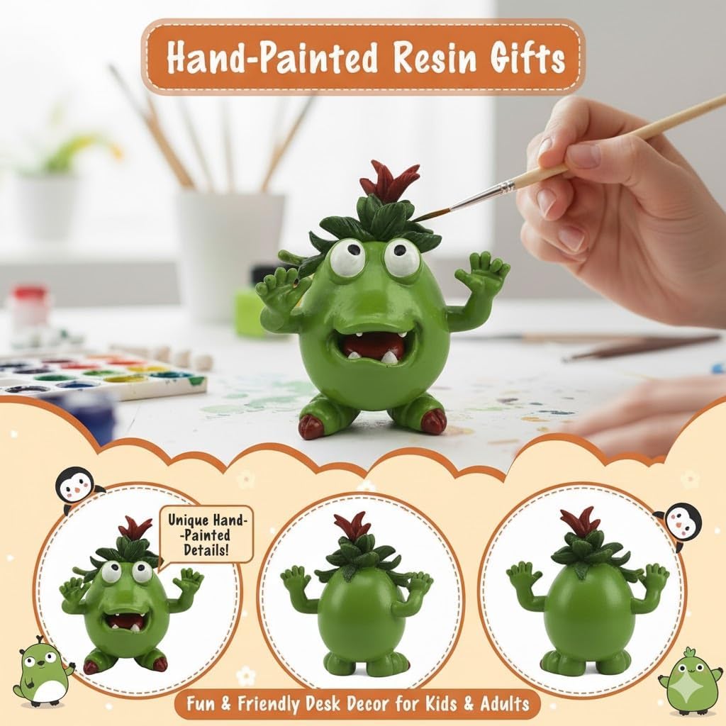 Cute Green Monster Resin Figurine Indoor Outdoor Garden Statue Whimsical Funny Desk Decor - Little Alien Creature with Red Flower/Sprout, Unique (Green)