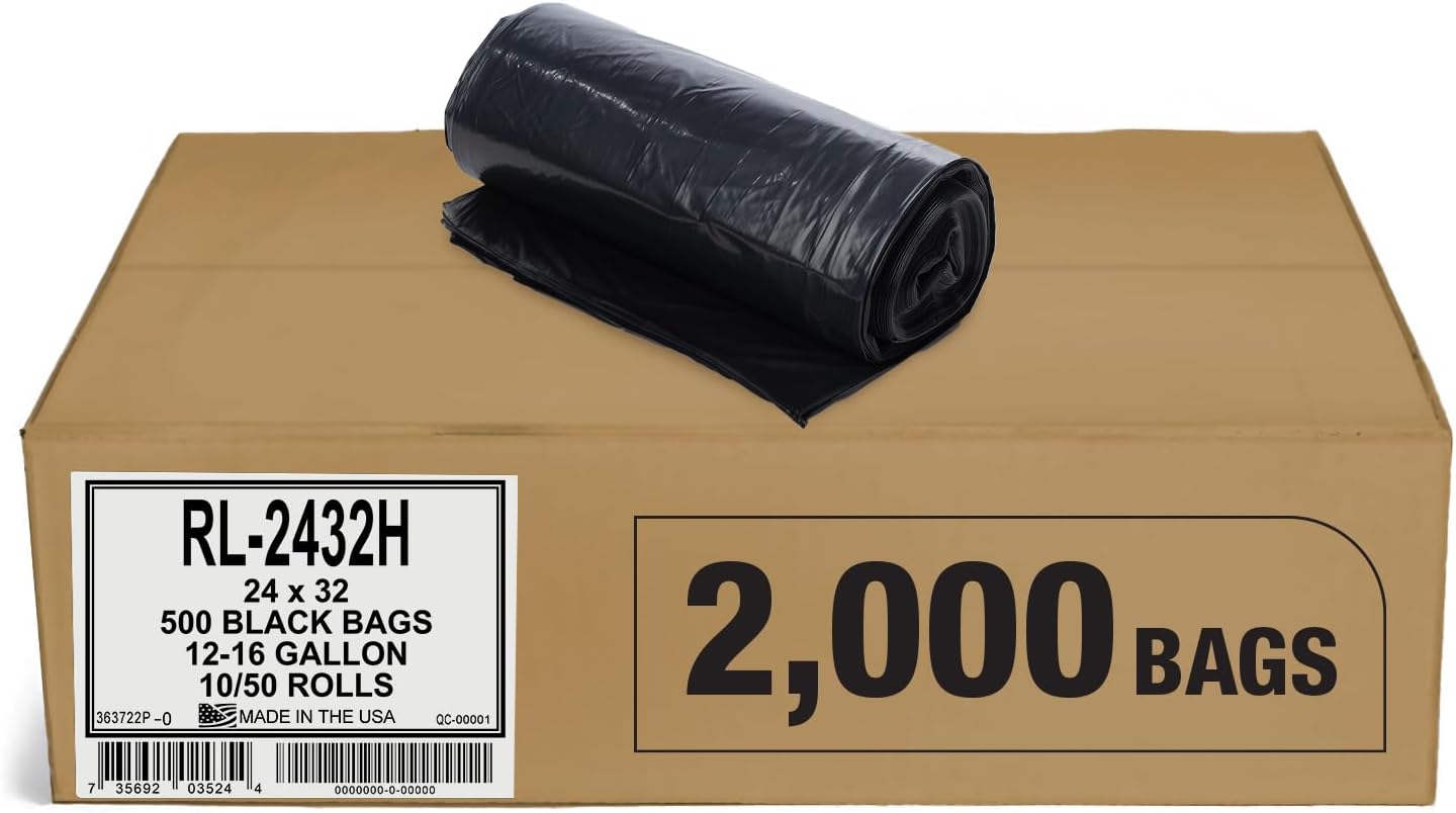 Aluf Plastics T-Tough Roll Pack Low Density Repro Blend Star Seal Coreless Rolls Bag, 12-16 Gallon 1.0 Mil, 32" Length x 24" Width, H Strength, Black (Pack of 2000)