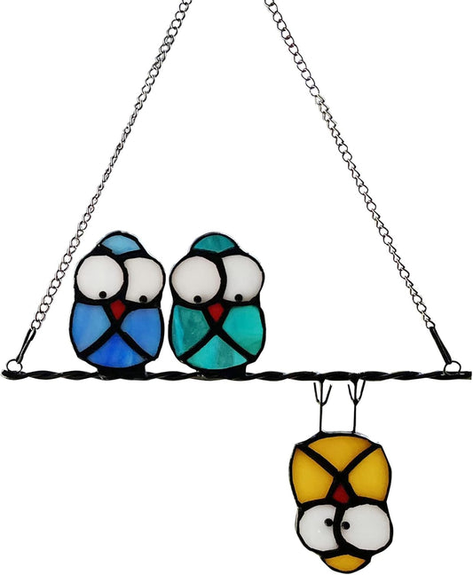 Multicolor Owl on a Wire Stained Glass Window Hanging, Bird Suncatcher for Windows Panels Hangings