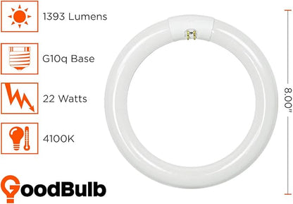GoodBulb 22-Watt 8 Inch T9 Fluorescent Circline Light Bulb | 4100K Cool White Color | G10q Base | High Output 1393 Lumens | 10000 Life Hours 80 CRI | Pack of 12 Bulbs