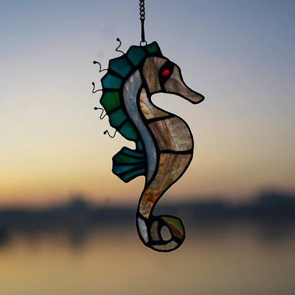 Seahorse Decor Stained Glass Window Hanging,Sea Nautical Gift Suncatcher Hanging Ocean Theme Decor for Living Room,Bathroom,Kitchen,Birthday Gifts for Mom,Women