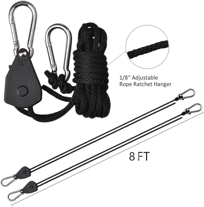 Grow Light Rope Hanger 3Pairs，1/8" 8-Feet Long Heavy Duty Adjustable Rope Clip Hanger, Adjustable Rope Ratchet Hangers 150 Lbs per Pair with Stainless Steel 2.5" S Hook