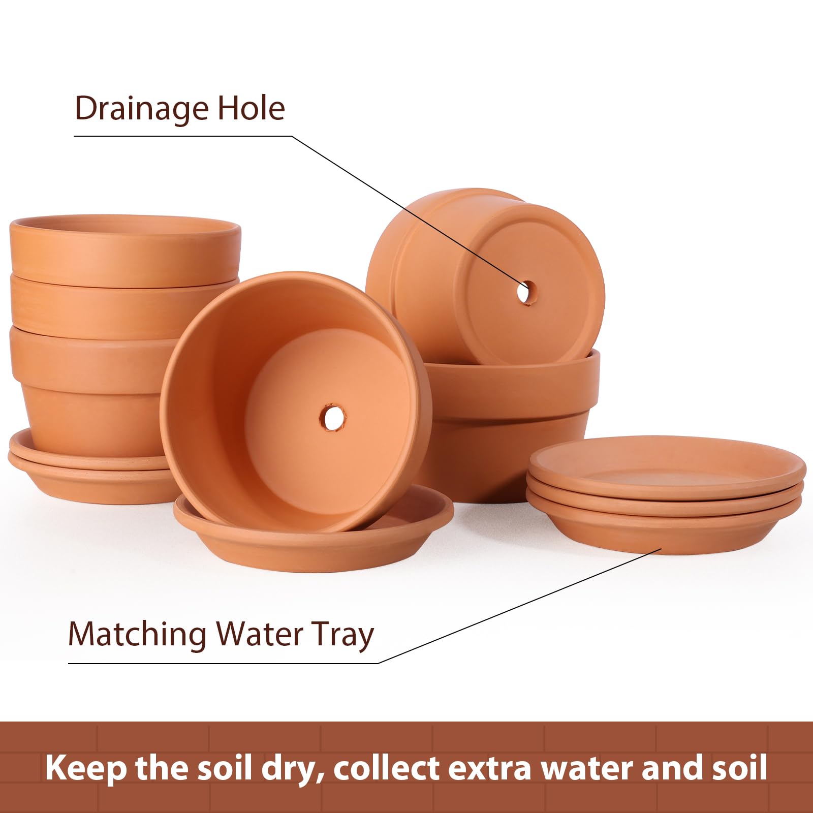 INGOFIN 5 Inch Terracotta Shallow Pots Set with Saucer - Ceramic Clay Pots with Drainage Hole