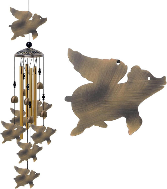 Flying Pigs Wind Chimes Outdoor Decor - with 6 Bells 7 Pigs Wind Chimes, Mobile Romantic Fly Pigs Wind Catcher, Bronze Pigs Wind Bells for Home, Mom Gifts, Balcony, Tree, Festival, Garden Decoration