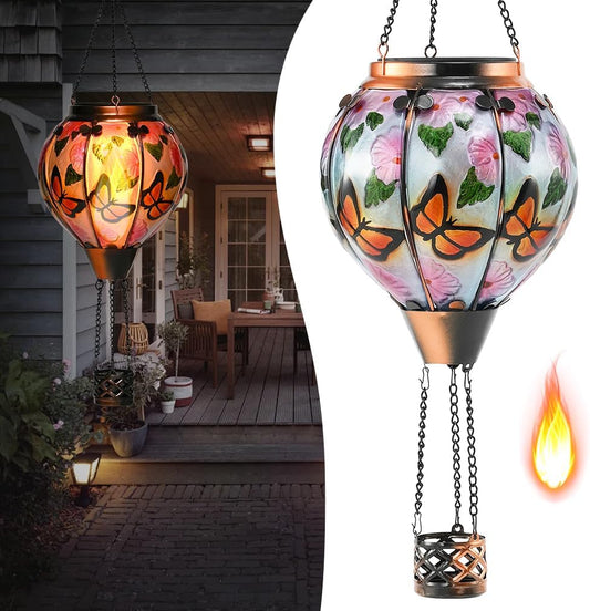 Hot Air Balloon Solar Lantern - Butterfly Stained Glass Lantern, Simulated Flickering & Dancing Flame, Outdoor Hanging Yard Light Waterproof IP65 for Patio Lawn Porch Decor Gift