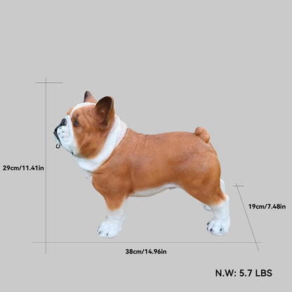 French Bulldog Outdoor Dog Statue with Reversible “Welcome/ON Patrol” Hanging Plaque and Solar Walkway Lantern, Brown & White Standing Yard Accent