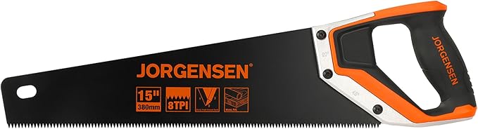 JORGENSEN 15??Hand Saw, Black Coated Coarse Handsaw 8TPI for Wood Cutting, Ergonomic Non-Slip Aluminum Handle for Sawing, Trimming, Gardening, Pruning, PVC