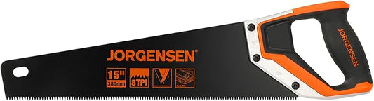 JORGENSEN 15??Hand Saw, Black Coated Coarse Handsaw 8TPI for Wood Cutting, Ergonomic Non-Slip Aluminum Handle for Sawing, Trimming, Gardening, Pruning, PVC