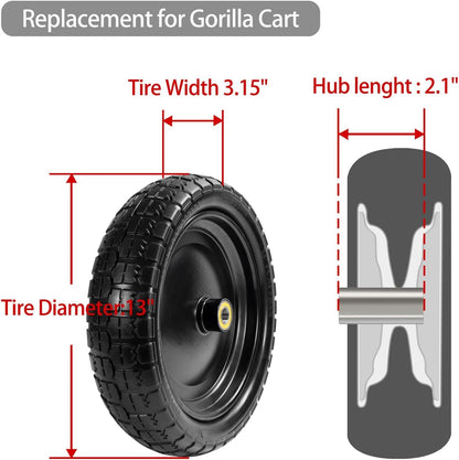 13" Tire Compatible with Gorilla Cart, 4.00-6 Flat Free Solid Tire and Wheel (Solid Polyurethane) for Wagon,Wheelbarrow,Yard Trailers-5/8" Bearings,Offset Hub 2.1" (2 Pack)