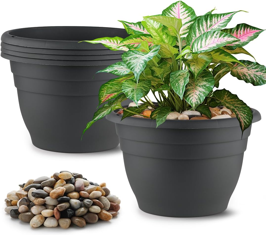 5 Lbs Rocks for Plants,5-Pack 10 Inch Plastic Plant Pots - Plant Planters with Drainage, Decorative River Rocks for Garden Landscaping, Flower Pots for Indoor Outdoor Plants, Succulents, and Herbs