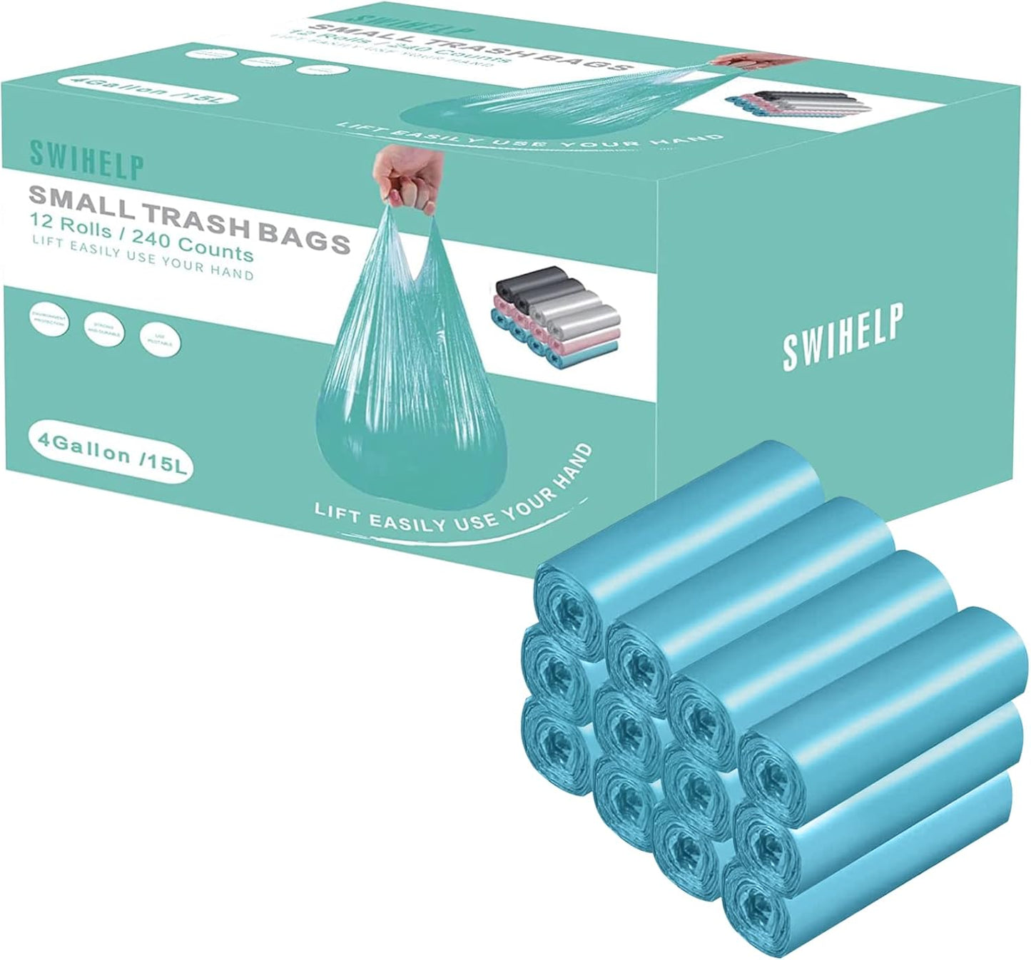 Small Trash Bags 240 Count Garbage Bags SWIHELP Waste Basket Liners for Bathroom, Kitchen,Bedroom, Office Pet Car 15 Liter Trash Can 4 Gallon…