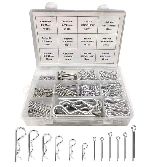 Boatsea 420Pcs Cotter Pin Assortment Kit R Clips Spring Retaining Hair Pins Assortment Kit, Including 6 Sizes 200PCS Cotter Pins and 6 Sizes 220PCS Hairpin Pins, Zinc-Plated