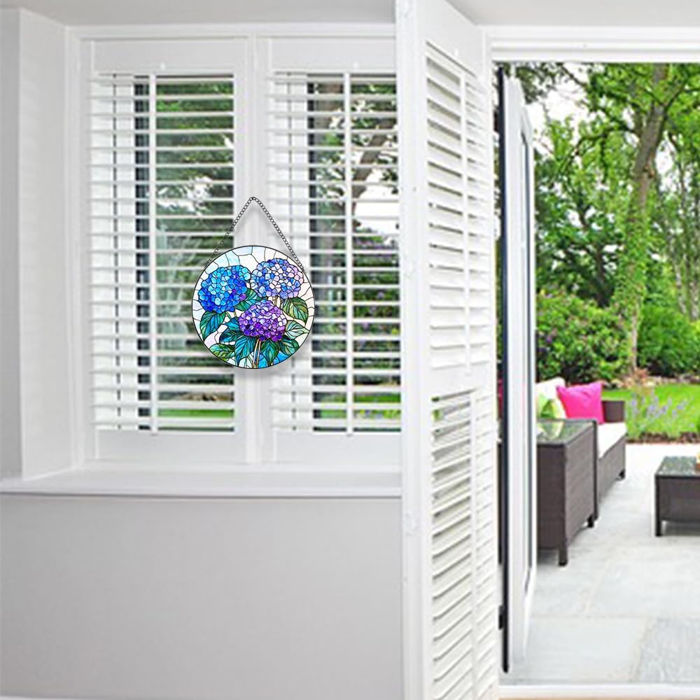 Handmade Hydrangea Flower Stained Glass Suncatcher - Vibrant Window Décor for Home/Garden,Gift-Ready Sun Catcher Art with Hook (Blue, 9.8 * 9.8IN)