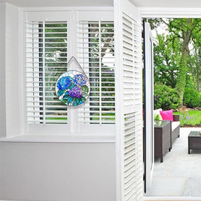 Handmade Hydrangea Flower Stained Glass Suncatcher - Vibrant Window Décor for Home/Garden,Gift-Ready Sun Catcher Art with Hook (Blue, 9.8 * 9.8IN)