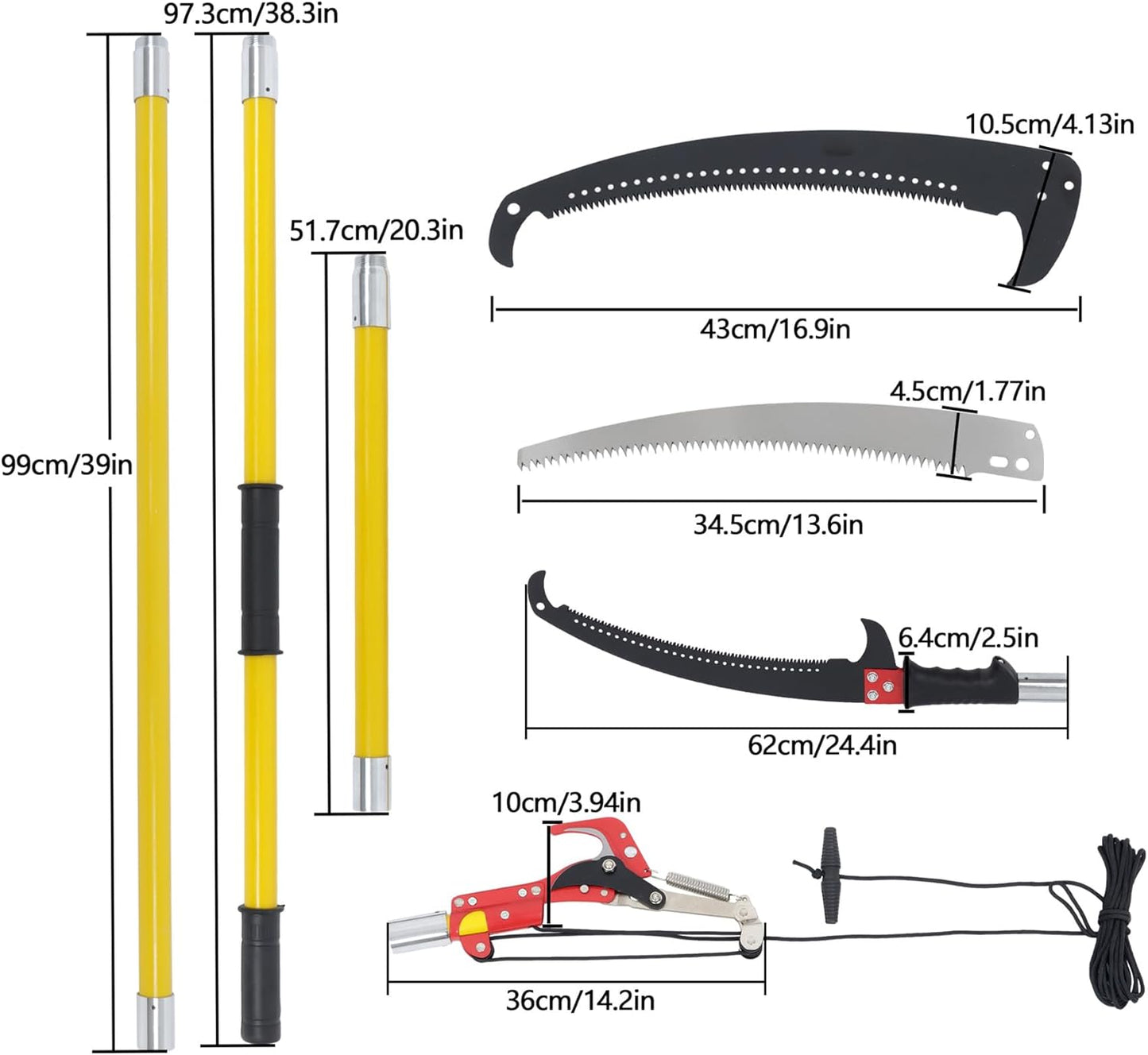 30FT Extendable Pole Saw, Manual Branch Trimmer with Long Handle, Manuals Tree Pruning Saws Band Scissors, 9 Knots Yellow