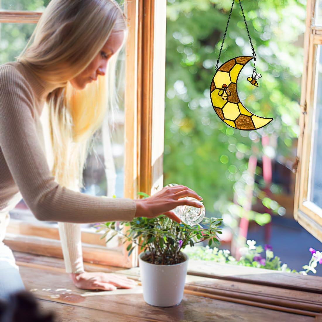 Bee Stained Glass Suncatcher for Window,Honeycomb Stained Glass Window Hanging Moon Decor,Bee Gifts for Women,Bee Lovers,Housewarming Gift,Honeybee Decor for Birthday Party
