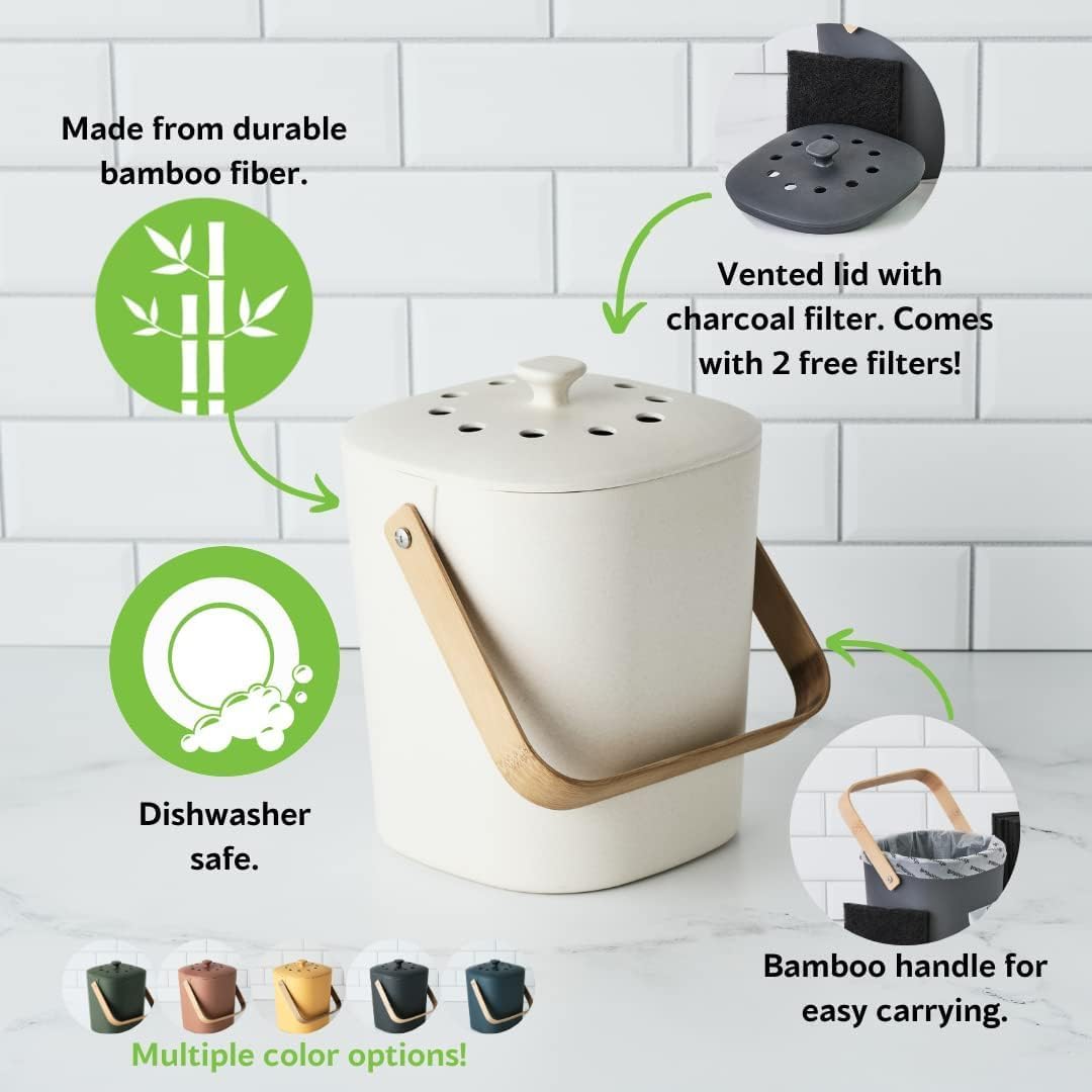 Bamboozle Countertop Compost Bin Kitchen | 1 Gallon | Odorless Composting Bin with Filters | Indoor Compost Bin with Lid | Plant Based Kitchen Composter for Food Scraps & Waste Recycling | Natural