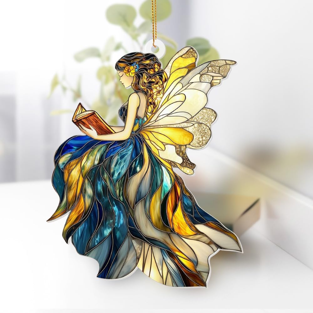 Reading Fairy Book Ornament – Stained Glass Style Acrylic Christmas Ornament, Book Lover Gift for Women, Teacher & Librarian Book Club Decorations, Fantasy Ornament Holiday Décor(Sun-01)