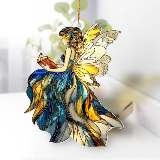 Reading Fairy Book Ornament – Stained Glass Style Acrylic Christmas Ornament, Book Lover Gift for
