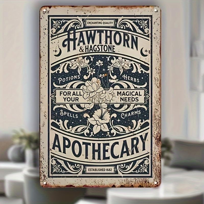 Hawthorne & Hagsitone Apothecary Metal Tin Sign - 12x8 Inch Vintage Retro Wall Decor, Antique Pharmacy Iron Plaque, Multipurpose Wall Hanging for Home, Magic Herbs & Potions Theme