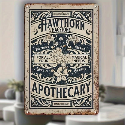 Hawthorne & Hagsitone Apothecary Metal Tin Sign - 12x8 Inch Vintage Retro Wall Decor, Antique Pharmacy Iron Plaque, Multipurpose Wall Hanging for Home, Magic Herbs & Potions Theme