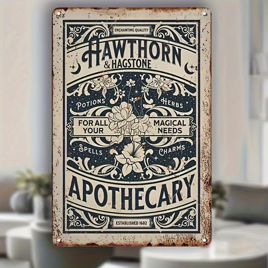 Hawthorne & Hagsitone Apothecary Metal Tin Sign - 12x8 Inch Vintage Retro Wall Decor, Antique Pharmacy Iron Plaque, Multipurpose Wall Hanging for Home, Magic Herbs & Potions Theme