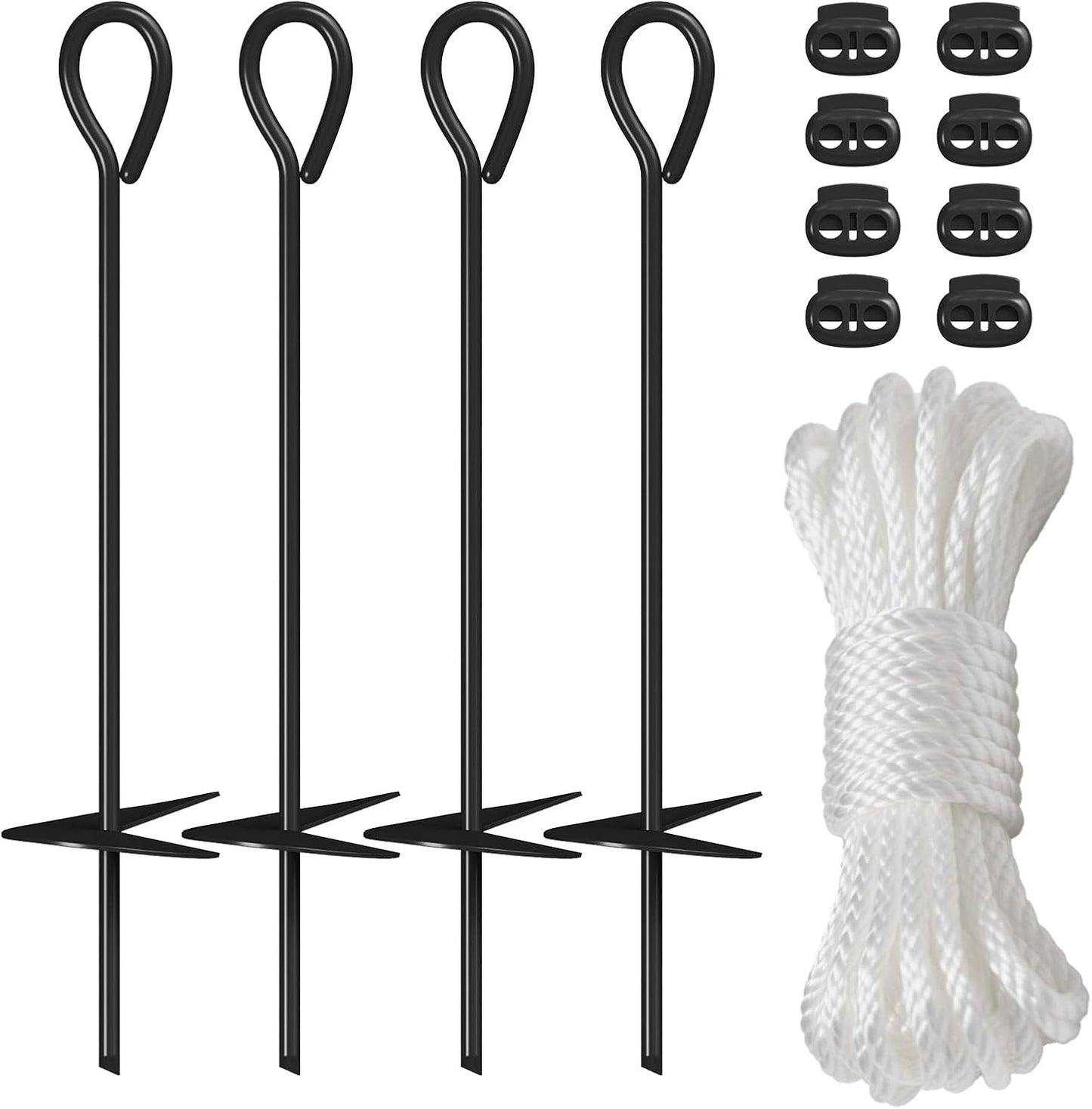 Aoxun 18'' Heavy Duty Ground Anchors Screw in Tent Stakes, with 3" Spiral Blade,Nylon Rope and Spring Clasps for Camping Tent, Canopies, Carports, Sheds, Swing Sets, Canopy Kit, 4 Pack