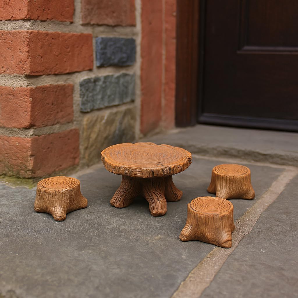 Miniature Tree Stump Garden Furniture Set, Brown Resin, Fairy Garden Decor, Indoor Outdoor Terrarium Accessories for Micro Landscape