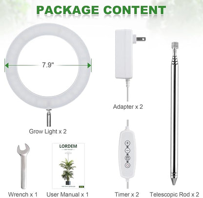 LORDEM Grow Light, 7.9" Full Spectrum LED, Adjustable Height, Auto Timer 4H/8H/12H, 6 Dimmable Levels, Ideal for Large Tall Plants, 2 Packs