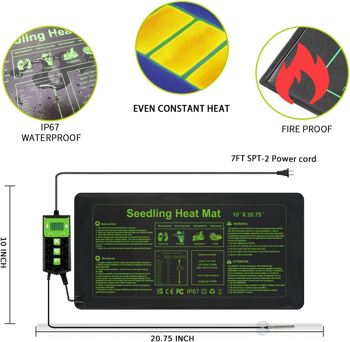 Seedling Heat Mat 10X20.75`` with Thermostat Durable Waterproof Warm Hydroponic Plant Heating Pad with Temperature Control Auto Off Timer for Seed Starting Germination Plant Propagation (1 Heat Pad)