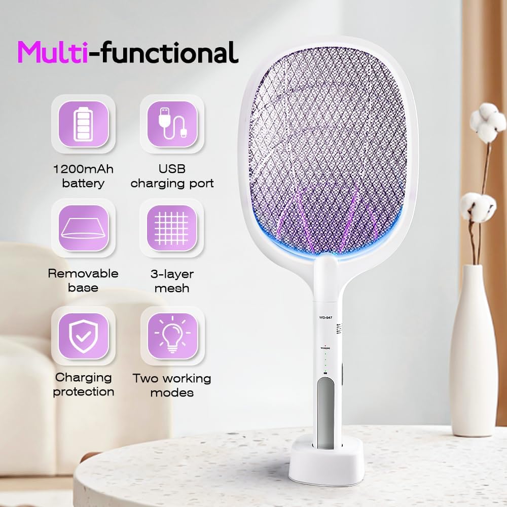 Electric Fly Swatter Indoor & Outdoor 3000V Bug Zapper Racket Dual Modes Mosquito Killer with Purple Mosquito Light Rechargeable Fly Zapper for Indoor Home Office Backyard Patio Camping