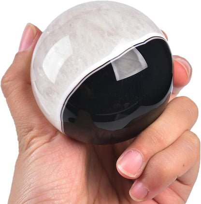 JIC Gem Natural Black Onyx Agate Crystal Ball Round Healing Crystals Decorative Sphere with Wooden Stand Meditation Home Decor 2.3-2.7 inch (60-70mm)