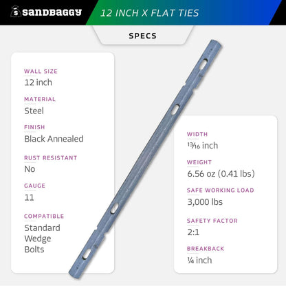 Sandbaggy 12" X Flat Ties for Concrete Forms - 11 Gauge Steel - Wall Ties Compatible with Standard Wedge Bolts - Space and Secure Modular Concrete Forms (12 inch Walls, 2500, Count)