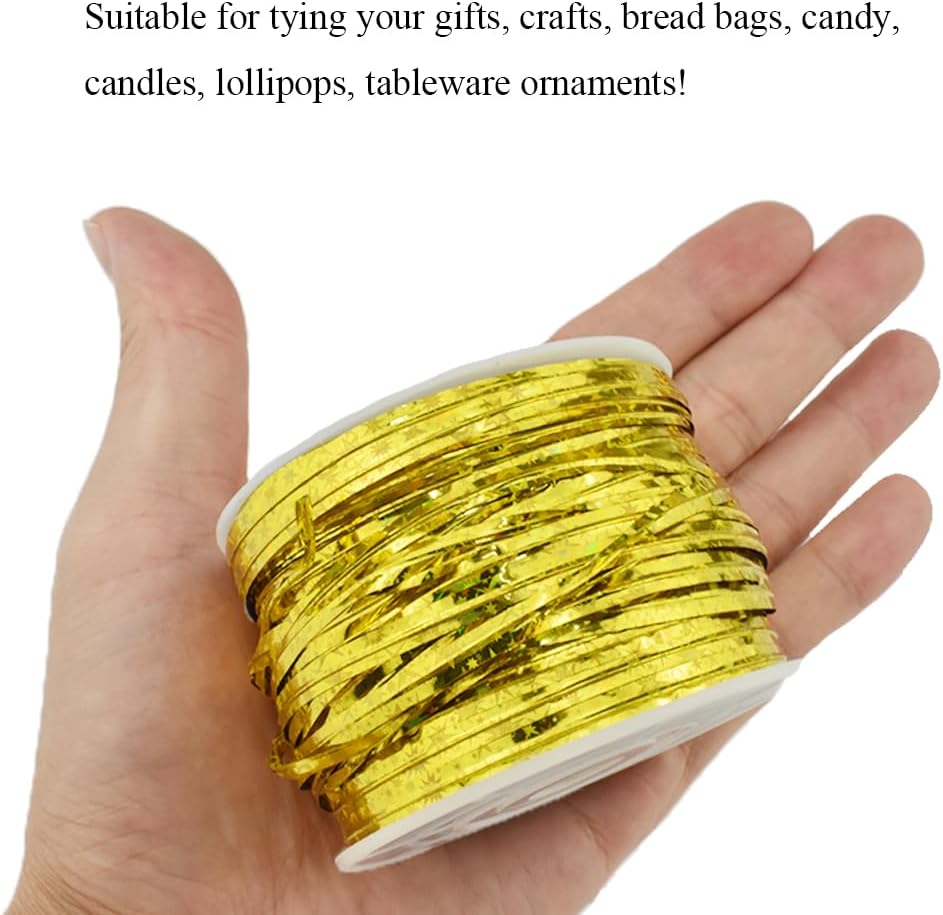HAHIYO 100Yards/300Feet/91M Holographic Gold Metal Twist Ties Bread Candy Coffee Bag Ties Plant Garden Twist Ties for Cellophane Treat Bags Gift Wraping Bags Plastic Bags Party Cake Present Art Crafts