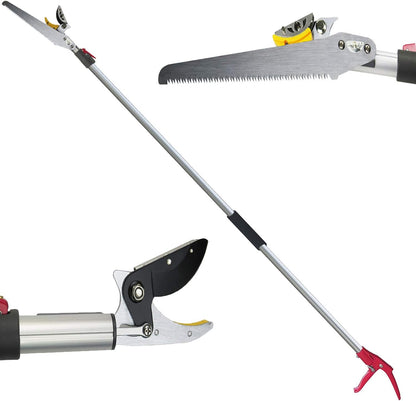 6-10 Foot Tree Pruner 2 Sections Extendable 4 Nodes Adjustable, Cut and Hold Pruning Trimmer, Long Reach Pole Saw, Telescoping Fruit Picker, Branches Bypass Lopper With Hook