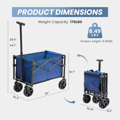 DUMOS Collapsible Wagon with Wheels, 176 lbs Wagons Carts Foldable Wagon Cart with Flexible Handle, Lightweight Portable Folding Utility Grocery Shopping Cart for Grocery Sports Garden Camping