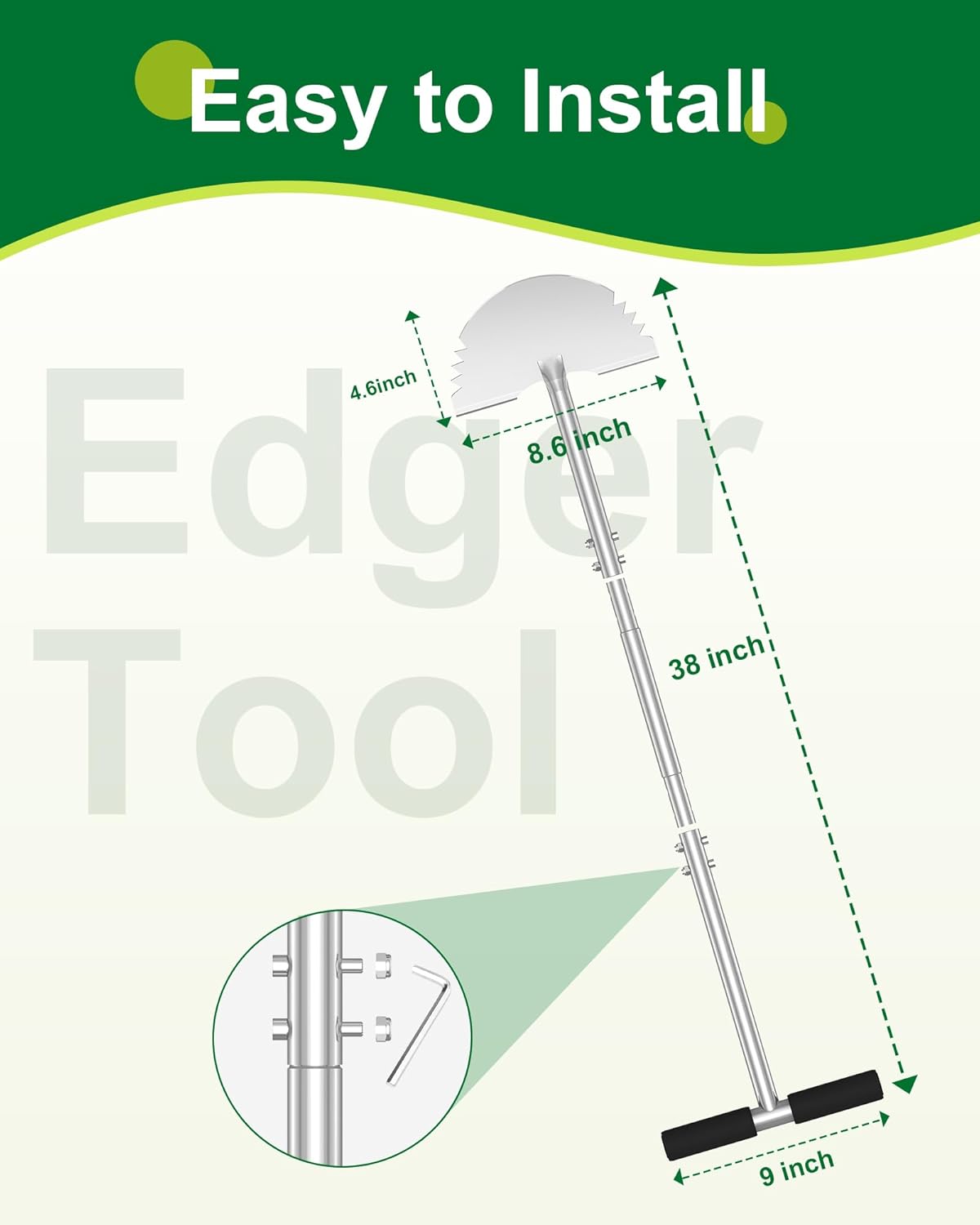 Serrated Edger Lawn Tool - Half Moon Shovel with Softer T-Handle, Lawn Edger for Yard, Garden, Landscaping, Sidewalk, Cable Burial - Ergonomic Design, Rust-Proof, 38 in
