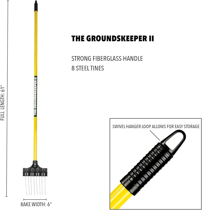 THE GROUNDSKEEPER II Mini Rake 55-inch Lightweight Fiberglass Handle, 6-inch Head, Durable Steel Tines for Gardening, De-Thatching or Professional Landscaping