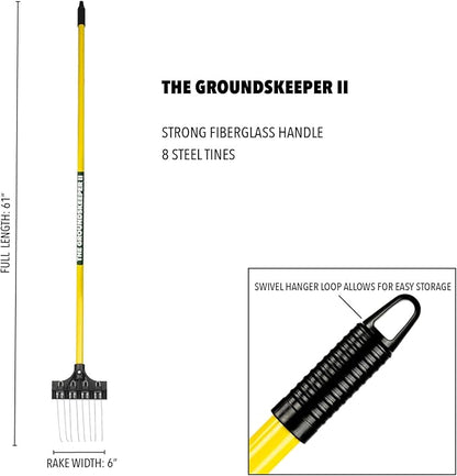 THE GROUNDSKEEPER II Mini Rake 55-inch Lightweight Fiberglass Handle, 6-inch Head, Durable Steel Tines for Gardening, De-Thatching or Professional Landscaping