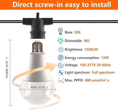 Grow Light Bulbs LED Growth Bulb A25, Full Spectrum Plant Light E26 Base 15W, houseplant Growting lamp, Seed Start, Greenhouse Indoor or Outdoor (Grow Bulb (6 Lights and Cord))