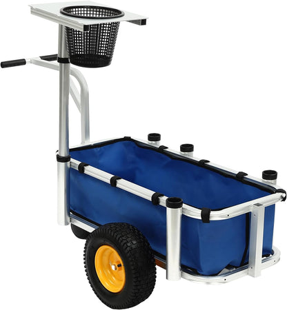 Outdoor Fishing Cart, Aluminum Frame and Trolley Folding Garden Beach Cart Outdoor Camper with 4 Holes and Wheels Capacity 176.4 lbs (Silver and Blue)